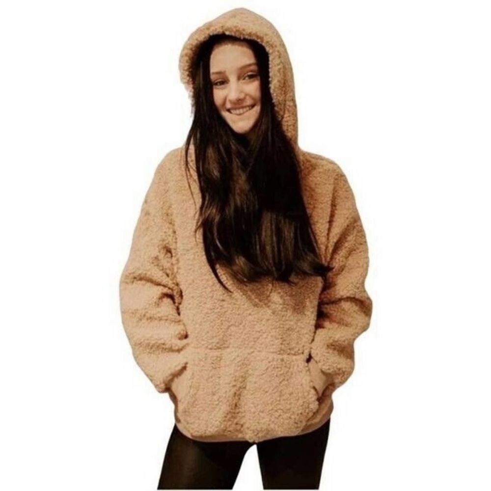 NWT LUSH Women's Teddy Boucle Sweater Hoodie, Front Pockets - Tan Small